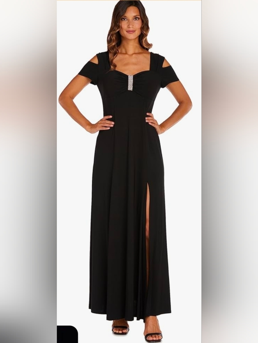 - R&M Richards Size 8 Rhinestone-Trim Side-Slit Black Gown Maxi Dress .